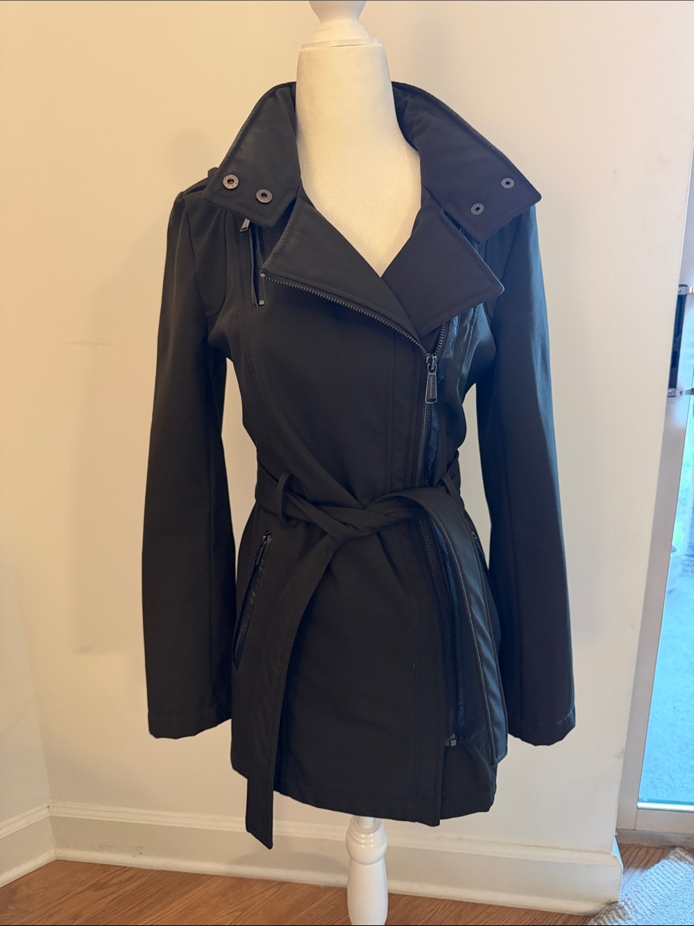 Women’s Dark Green Belted Asymmetric Zip Trench Coat
